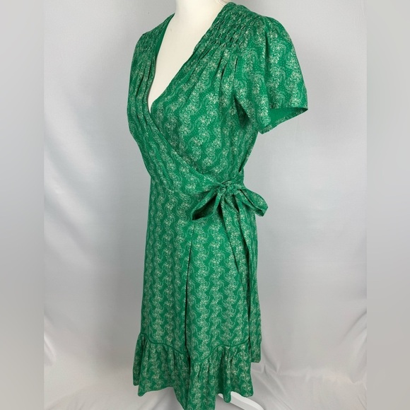 St. Roche Wrap Dress Short Sleeves Cotton Embroidery Green Floral Size XS Summer - Picture 8 of 16